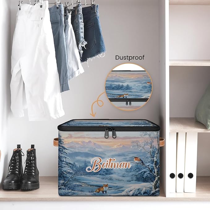 Storage-Bins with Lids Handle Customized Stackable-Storage-Bin for Kids-Boys-Girls-Toys Cube Collapsibl Basket Snowfield Fox