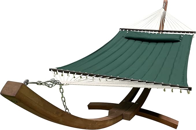 14 Ft. Wooden Arc Hammock Stand + Deluxe Quilted Double Padded Hammock Bed w/Pillow. 2 Person Bed. 450 LB Capacity(Teak Stain/Elegant Hunter Green)