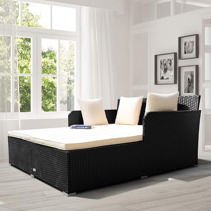 Tangkula Outdoor Rattan Daybed Wicker Furniture with Spacious Seat Upholstered Cushion &amp High-Resilience Sponge Patio Sofa Set with 4 Pillows 2-Person Sunbed for Poolside Backyard Garden &amp