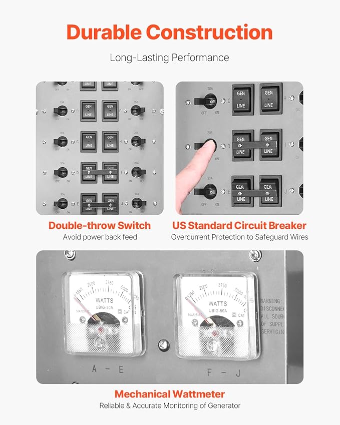 VEVOR Manual Transfer 50-Amp 10-Circuit Prewired Generator Transfer Kit with CS6375 Plug Power Inlet Box Double-Throw NEMA 3R Mechanical Watt Meter for 12500W Generators