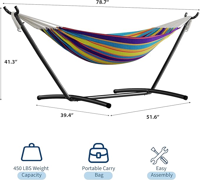 GarveeLife Double 2 Person Hammock Indoor Outdoor Standing Hammock with Space Saving Steel Stand Carry Bag 450 LBS Weight Capacity Suitable for Garden Camping Beach Tropical