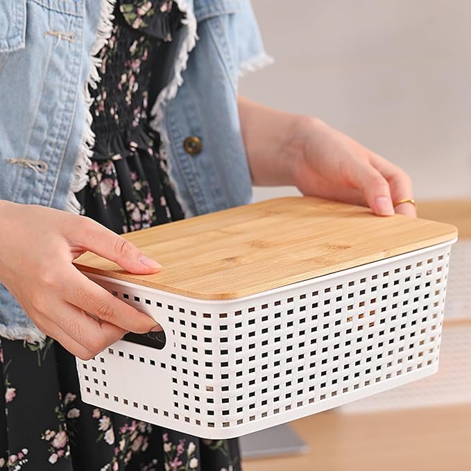 LASIEYO 6 Pack Bamboo Lid Storage Bins - Decorative Organizer Baskets for Pantry