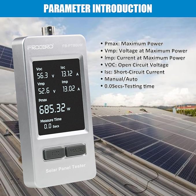 FrogBro 800W Solar Panel Tester – PV Multimeter with Smart MPPT &amp HD OLED Display for Solar Panel Diagnostics and Data Analysis