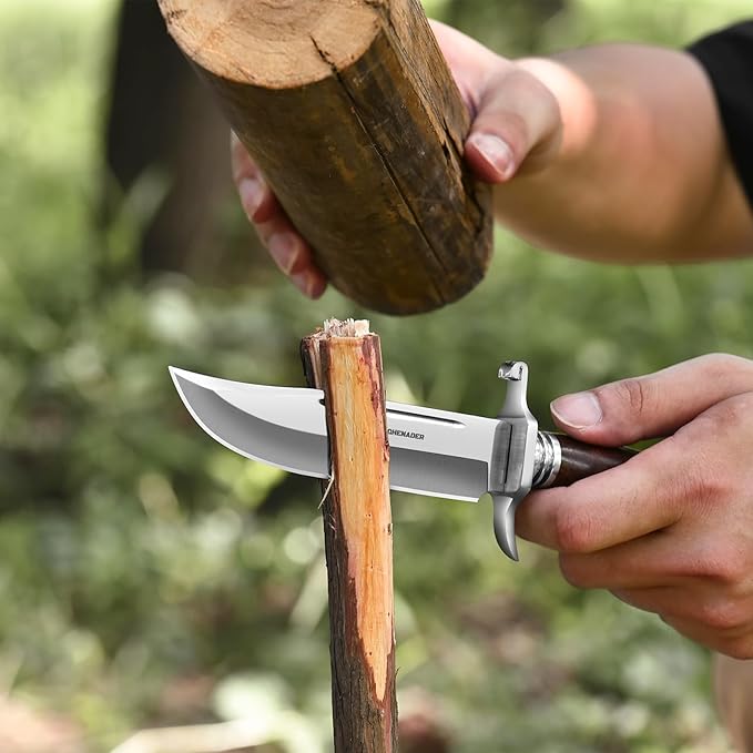 DRACHENADER Bowie Knife 10.5 Inch Hunting Knife with Sheath Outdoor Survival Bushcraft Fixed Blade Knife Comfortable African Rosewood Handle Incl. Black Gift Box