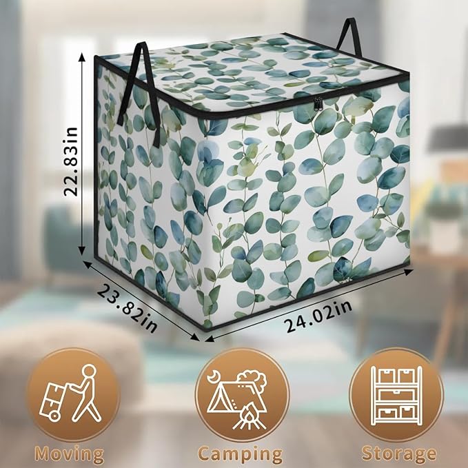 XL Large Clothes Storage with Lid Handle Eucalyptus Leaf Large Thick Clothes Blanket Storage Containers for Organizing Bedroom Closet Comforter Organization Storage Sage Green Spring