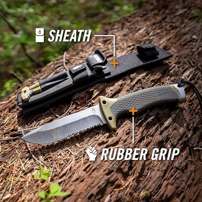 Gerber Gear Ultimate Survival Knife Fixed Blade Knife with Combo Edge includes Fire Starter Edge and Ferro Rod Whistle Sheath with Integrated Sharpener - Bushcraft Hunting and Camping Tool