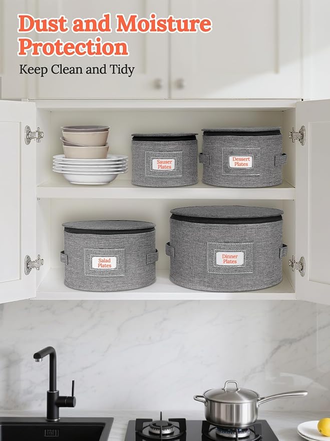 Cirhy Hard Shell China Storage Containers 4-Piece Set - Reinforced Hard-Sided Moving Boxes for Dinner Plates Bowls &amp Saucers - Stackable Dish Packing Protectors with 48 Felt Dividers