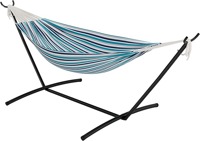 GAOMON Double Hammock with Steel Stand for Outside Portable Space Saving for Indoor Outdoor Patio w/Carrying Bag 450 lbs Capacity - Ocean Stripes