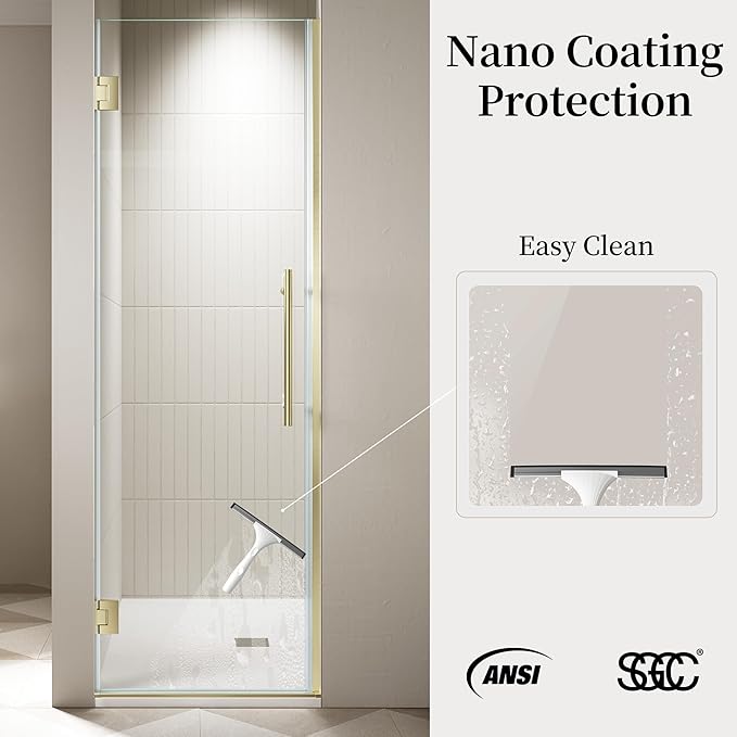 29.6-29.8 x 72Frameless Hinged Shower Door Single Swing Shower Panel with 5/16” (8mm) Tempered Glass 180° in &amp Out Opening 5mm Adjustable for Non-Vertical Walls (Brushed Gold 29.8 x 72)