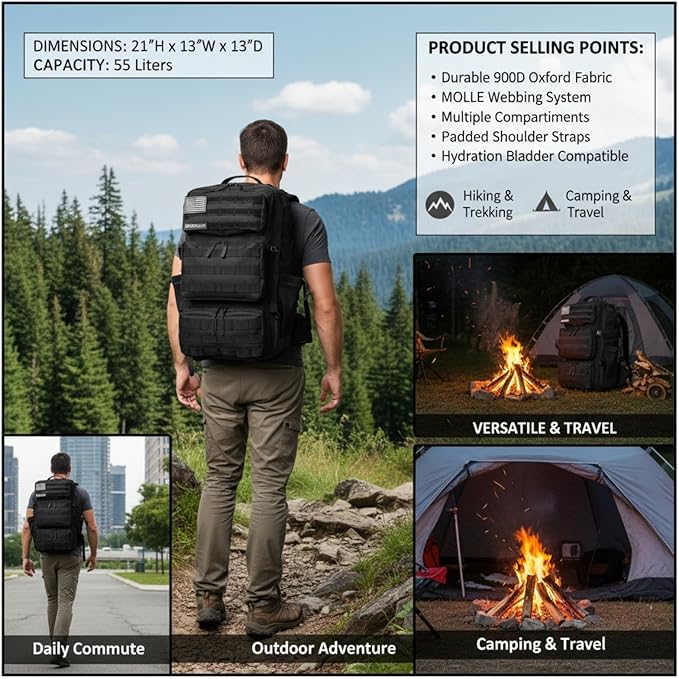 Military Tactical Backpack 55L for Men &amp Women Bug Out Bag Assault pack Molle Daypack Hiking Trekking Rucksack (Black)