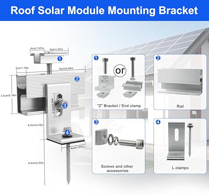 10PCS Solar Panel Mounting Brackets Solar Panel Mount for 1-4PCS Thickness 1.4” Solar Panels Solar Panel Brackets with 10x 6 Mini Rails 4X Water Drain Clips for ShingleSlateMetal and Tin Roof