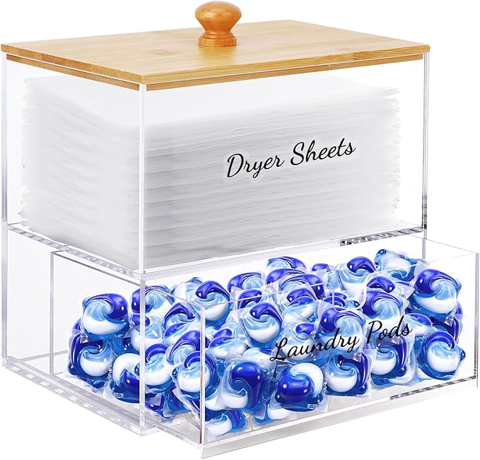 JYPS 1+1 Acrylic Dryer Sheet Holder with Drawer and Bamboo Lid Clear Acrylic Large-Capacity Laundry Pods Container Scent Boosters &amp Powder Laundry Room Organization decor Storage Jars Set