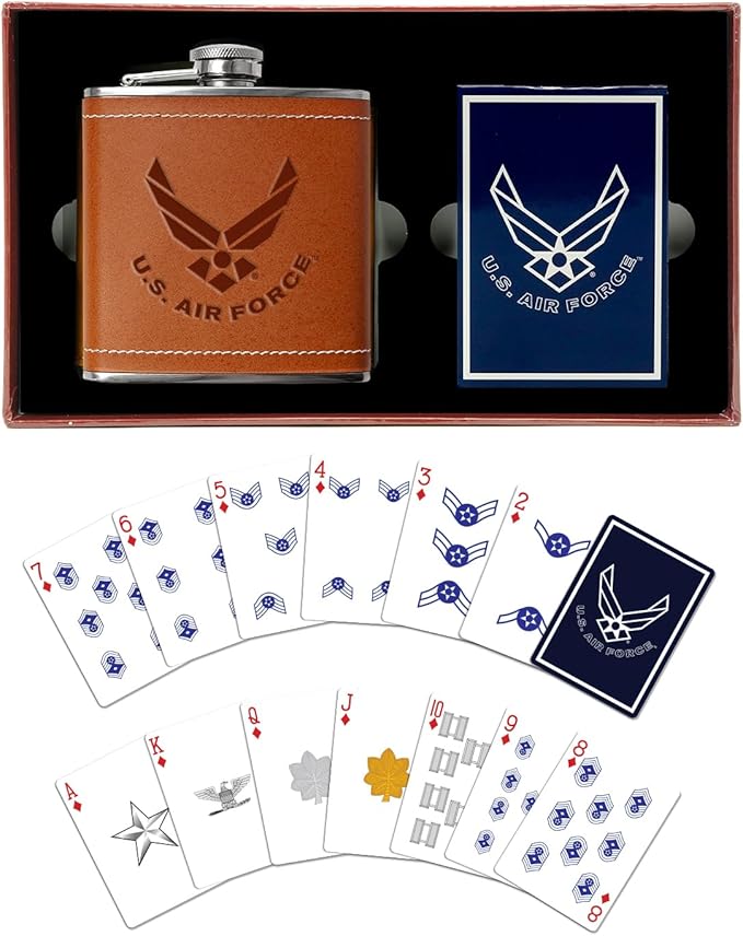 Air Force Flask &amp Cards Gift Set Leather-Wrapped US-Air Force Hip-Flask with Rank Playing-Cards | Disabled Vet Owned Business | USAF Flask-Card-Set