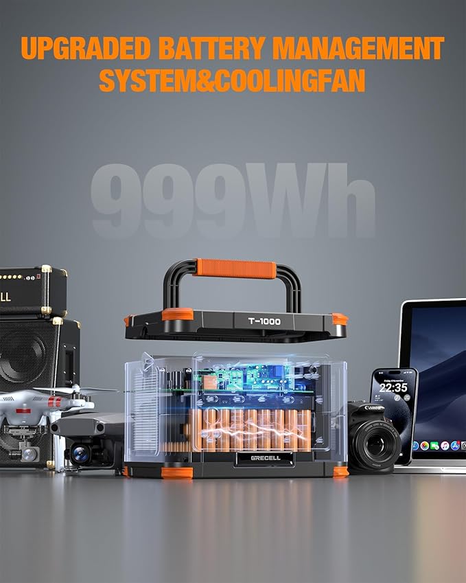 GRECELL 999Wh Solar Generator 1000W Portable Power Station with 60W USB-C PD Output 110V Pure Sine Wave AC Outlet Backup Lithium Battery for Outdoors Camping Travel Hunting Home (Peak 2000W)