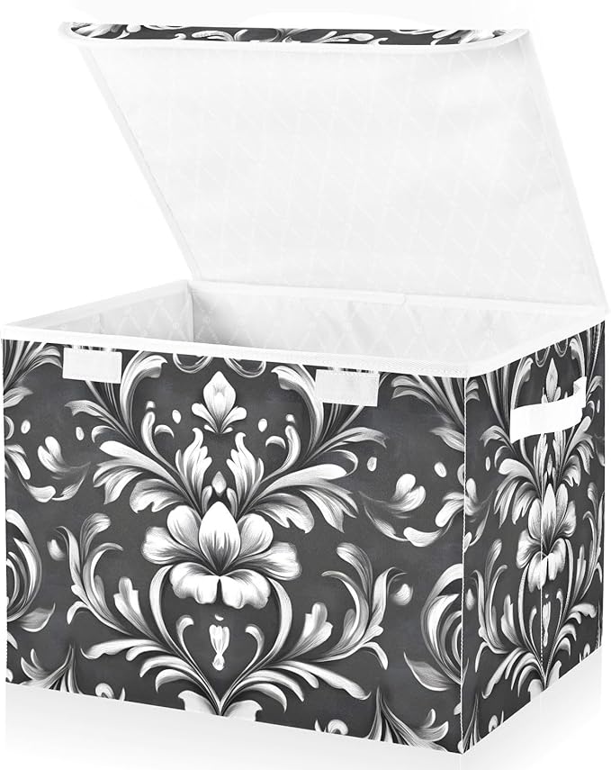 Damask Ornament Lidded Storage Bins with Handles - 16.5x12.6x11.8 Foldable Organizing Box Oxford Fabric &amp Honeycomb Board Dust-Proof Flip Lid for Closet/Office