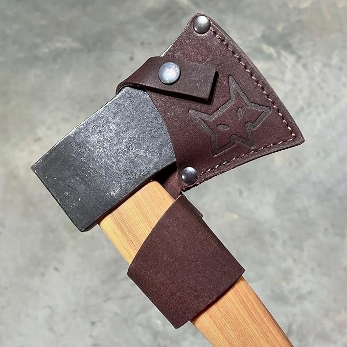 Fox Knives Yankee Axe FX-FA700 Carbon Steel Blade Hickory Wood Handle Leather Sheath Lightweight Outdoor Camping Axe Woodsman Ax Hatchet Bushcraft Survival