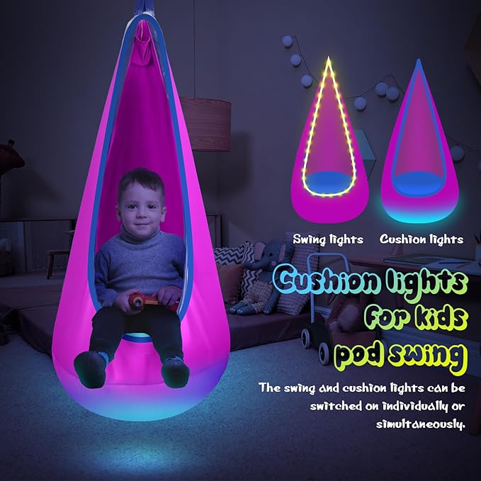 Light Up Kids Pod Swing Seat Upgraded Kids Hanging Hammock Swing with LED Lights Cotton Sensory Pod Swing Chair with Inflatable Pillow Pod Swing for Kids Indoor &amp Outdoor (1 PCS) (Pink)