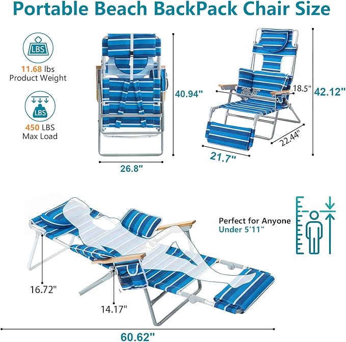 Backpack Beach Chair for Adults with 5-Position Footrest Double Shoulder Straps Folding Tanning Chair with Face &amp Arm HoleSunbathing Lounge Chair for Pool Beach Lawn (Navy)