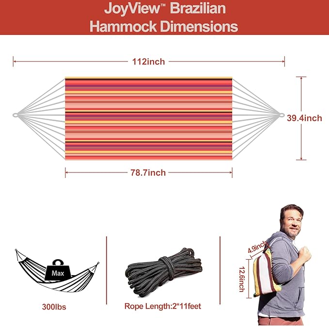 JoyView Brazilian Hammock for Single Preson Portable Hammock with Hanging Ropes &amp Carry Bag Large 78.8x39.4” for Patio 300LBS Capacity Perfect for Outdoor/Indoor - Red Stripe