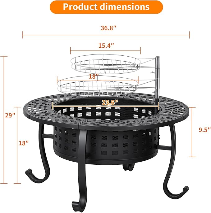 FDW 36 Inch Fire Pit with 2 Adjustable Grills Wood Burning Outdoor Fire Pit with Lid Poker &amp Waterproof Cover 3-in-1 Fire Pit Table for BBQ Bonfire &amp Patio Dining