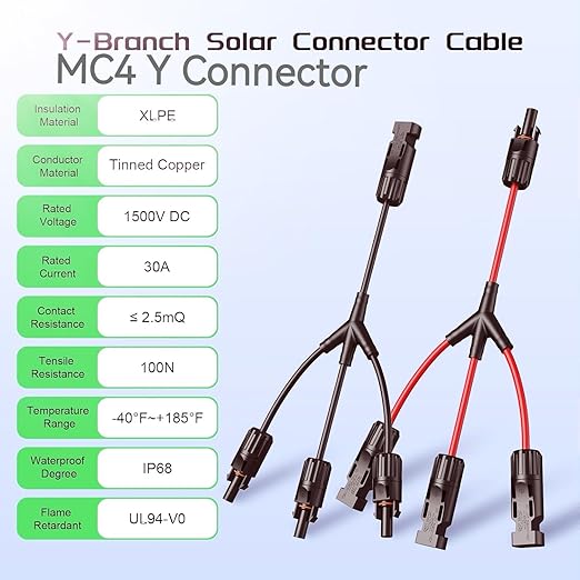 3 to 1 Solar Panel Connectors Y Branch 1500V DC 30A PPO Material Parallel Connection for Solar Panels Universal 10AWG Solar Connectors2 Pairs Red-Black