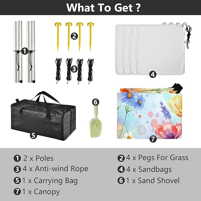 xigua Wlidflowers Beach Tent Sun Shelter with Carrying Bag - Silver Coated Oxford Fabric Beach Canopy for Beach Camping Fishing - Includes Windproof Ropes Sandbags &amp Stakes