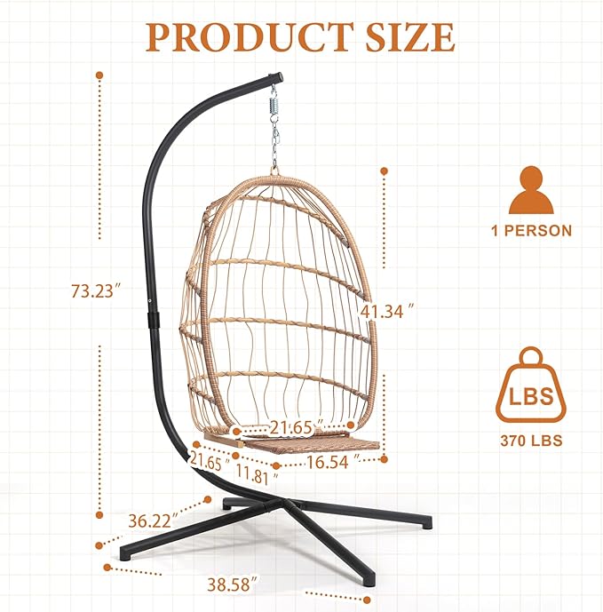 Hanging Egg Chair with Stand and Footrest for Indoor Outdoor - Patio Swing Egg Chairs Wicker Hammock Chair Bedroom Aluminum Steel Frame and UV Resistant Cushion 370LBS Capacity for Kids Adults Beige
