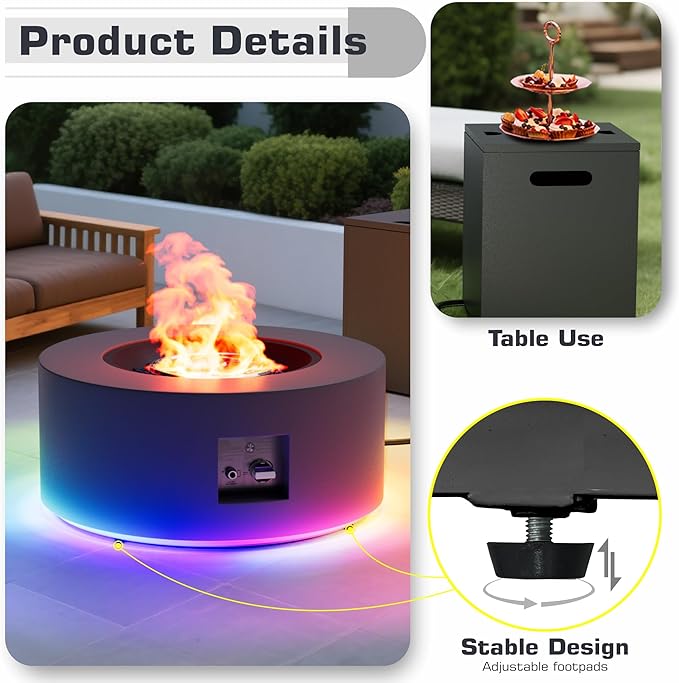 2-Piece 30 LED Round Propane Fire Pit for Outside Patio with Hidden Tank Table 50000 BTU Fireplaces with Lid Glass Rocks Cover(Dark Grey w/RGB Light)