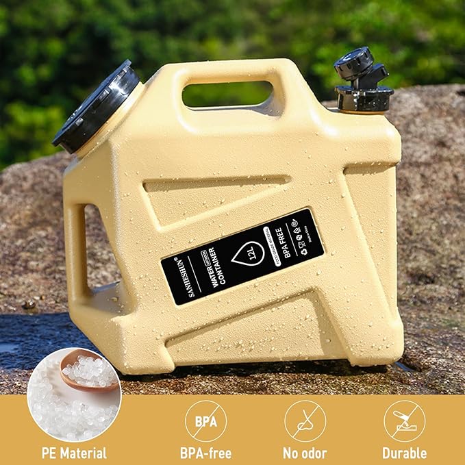 3.2 Gallon Water Jug12L Portable Water Container with Spigot Cleaning Brush Detachable Hose &amp Extra Lid Dual Handles Design BPA-Free Camping Hydration Canteen Outdoor Tank Storage PE - Khaki