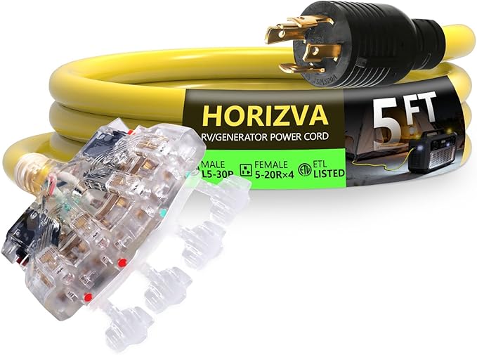 30 Amp to 20 Amp Adapter 5FT 4 Prong Locking L14-30P to 3X 5-20R/5-15R Adapter with Circuit Breaker 10/4 AWG Generator Cord 125/250V Max 7500 Watts ETL Listed