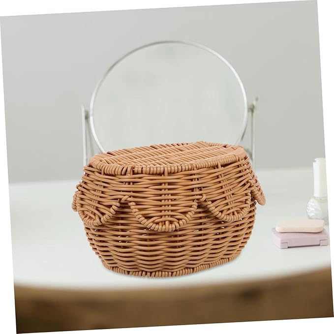 Cabilock Scalloped Wicker Storage Bin with Lid Handwoven Seagrass Basket for Blanket Storage Covered Household Organizer Basket Box for Shelf and Wardrobe