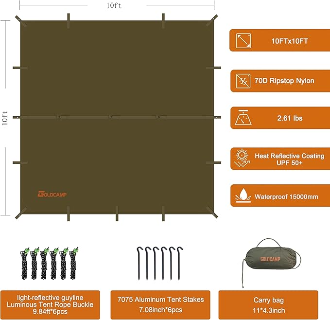 GOLDCAMP Waterproof Camping Tarp70D Nylon 10X10FT Hammock Rain Fly UV 50+ and PU15000mm Tent Tarp Shelter CanopyHeavy Duty Multifunctional Sun Shade or Rain Fly Essentials for Hiking Backpacking