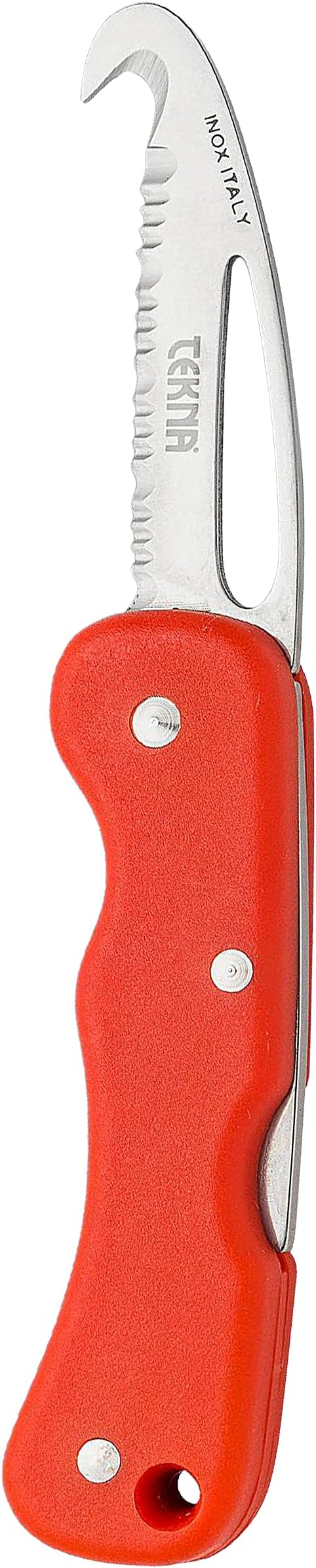 TEKNA Rescue Edge Knife – Serrated 420HC Stainless Steel Hook-Tip Folding Knife with Shackle Key &amp Oxygen Wrench | Bright Red Fiberglass Handle for Camping Boating Diving Climbing &amp Everyda