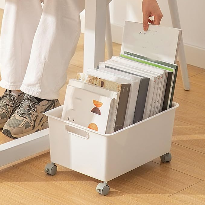 Premium PP Sturdy Portable Large Capacity Storage Basket Roller Box for Books Clothes Shoes Organizer Boxes (White)