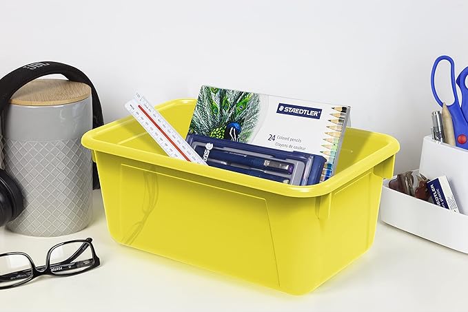 Storex Small Cubby Bins – Plastic Storage Containers for Classroom with Non-Snap Lid 12.2 x 7.8 x 5.1 inches Yellow 5-Pack (62410A05C)