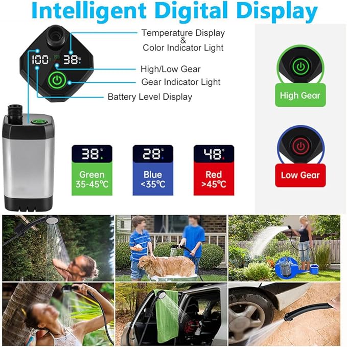 Portable Shower for Camping 6000mAh Rechargeable Camping Shower with Intelligent Digital Display 3 Spray Modes Outdoor Camp Pump Camping Shower Pump for Hiking Travel Car Pet Grey6000mAh