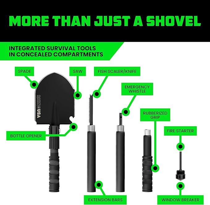 Rhino USA Survival Shovel w/Pick - Heavy Duty Carbon Steel Military Style Entrenching Tool for Off Road Camping Gardening Beach Digging Dirt Sand Mud &amp Snow. (Survival Shovel)