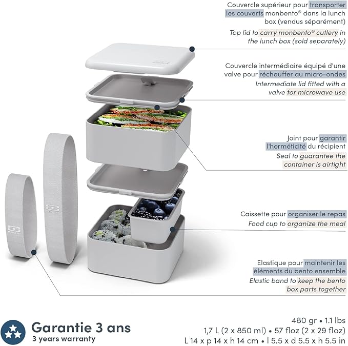 monbento - MB Square Cotton Bento Box - Large Lunch Box with Compartments - Airtight Lunch Box 2 Tier - Ideal for Work/School - BPA Free - Durable and Safe - Made in France - Grey