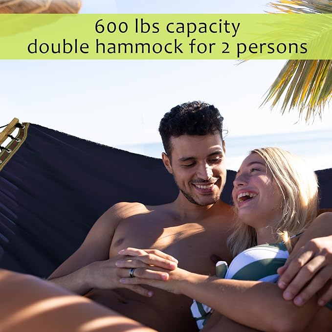Tranquillo Double Hammock 2 Persons Cotton Canvas 600 lbs Portable Camping Hammock with Solid Curved Wood Spreader Bar Hammock for Camping Trave Outdoor Adventures Indoor Patio Garden Navy