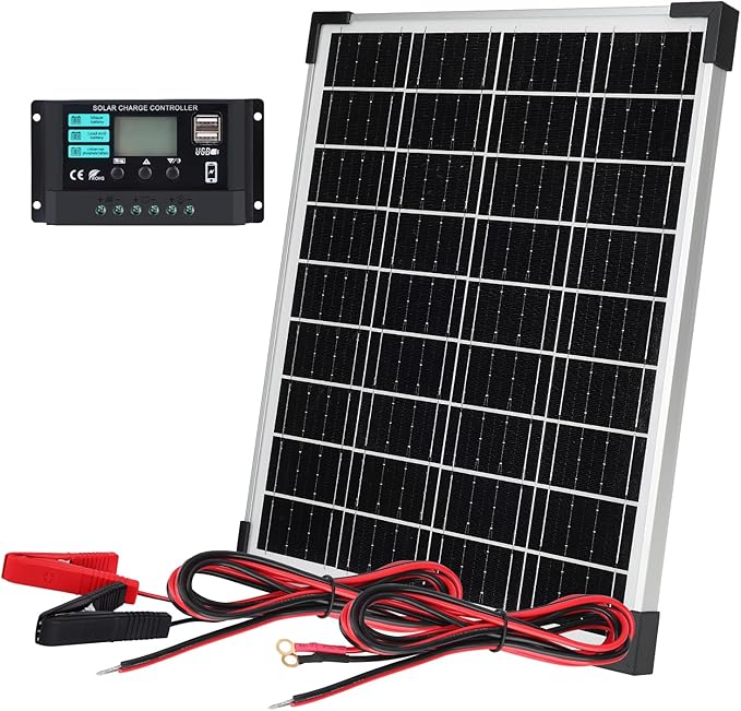 Solar Panels Kit Monocrystalline Solar Battery Maintainer 12V 10A Charge Controller with Extension Cable and Clips O-Ring Terminal fit RV Car Rooftop Camp Off Grid Applications(20W)