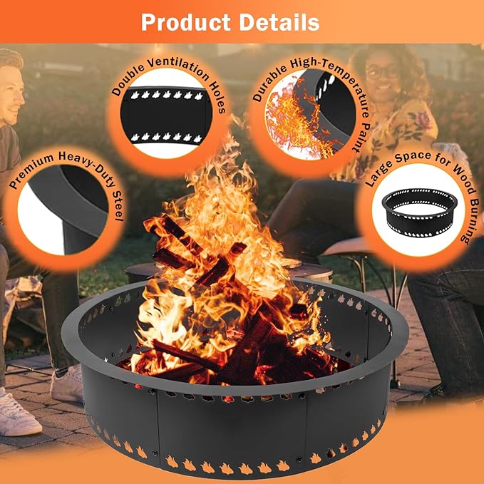 Outdoor Smokeless Fire Pit Ring 31 inch Metal Steel Firepit Ring Insert Round Firepit Ring for Outside Wood Burning DIY Fire Pits Outdoor Fire Place for Camping Garden Patio Backyard