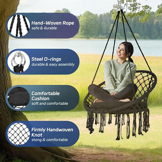 Hanging Swinging Chair Macrame Hammock Hanging Swinging Chairs with Soft Cushions and Hardware Accessories Hanging Chair for Indoor and Outdoor Use 3 Installation Methods Beige (1 Black)