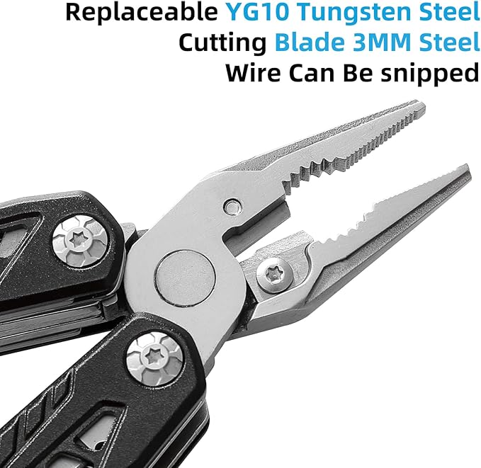 HANSHI Camping Axe Multitool with YG10 Tungsten Steel Replaceable Wire Cutters for Gift17 in 1 Multi Tool with Spring-Action PliersKnifeScrewdriverFlint RobSafty Whistle with Nylon Sheath (Black)