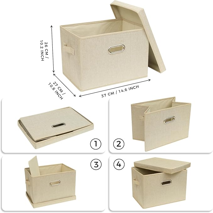 SNWDN 2 Pack Large collapsible Fabric Storage Bins with Lids Fabric storage box with lids for Household and office use (Beige 17.3x11.4x11.8 inches)