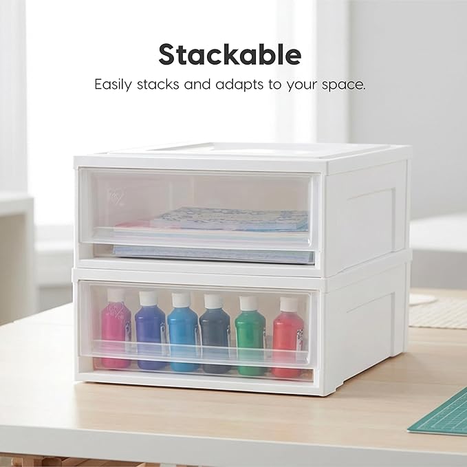 IRIS USA 22 Qt Under Bed Storage Drawer Stackable Plastic Organizer Bin Smooth-Glide Sliding Drawer 4 Pack White