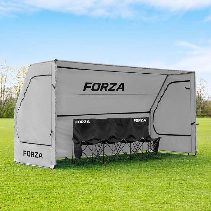 FORZA Portable Team Shelter | Durable Steel Frame Shelter for Sports Teams – Optional Benches &amp Multiple Colors (Grey Shelter + 4 Seater Bench Pro)