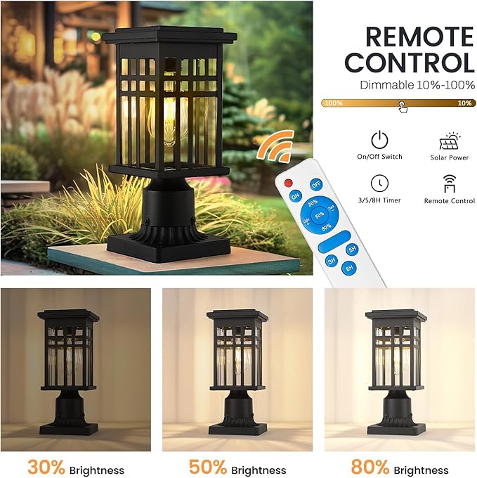 zeyu 2 Pack Solar Exterior Post Lamp Light 12 Inch Dusk to Dawn Outdoor Lamp Post Light for Patio with Remote Die-Cast Aluminum with Clear Glass Shade Black Finish 20068-P-2 SL BK