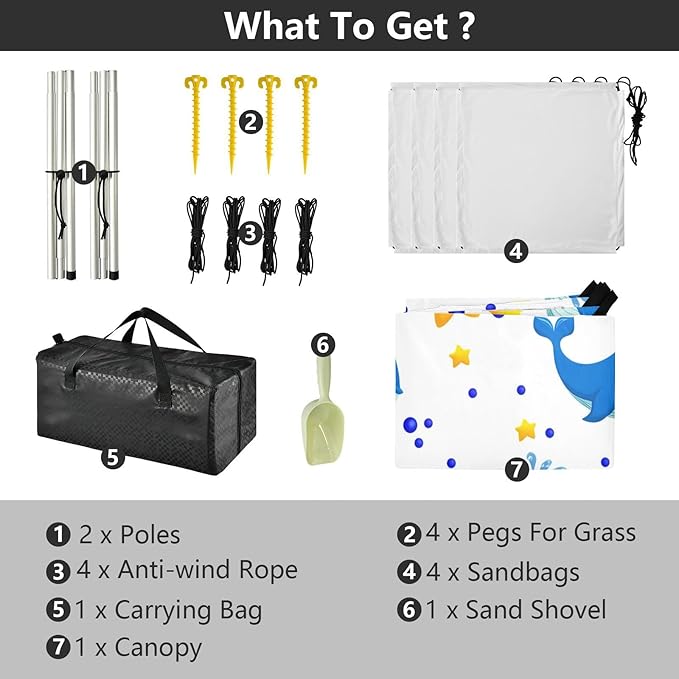 xigua Whales Beach Tent Sun Shelter with Carrying Bag - Silver Coated Oxford Fabric Beach Canopy for Beach Camping Fishing - Includes Windproof Ropes Sandbags &amp Stakes