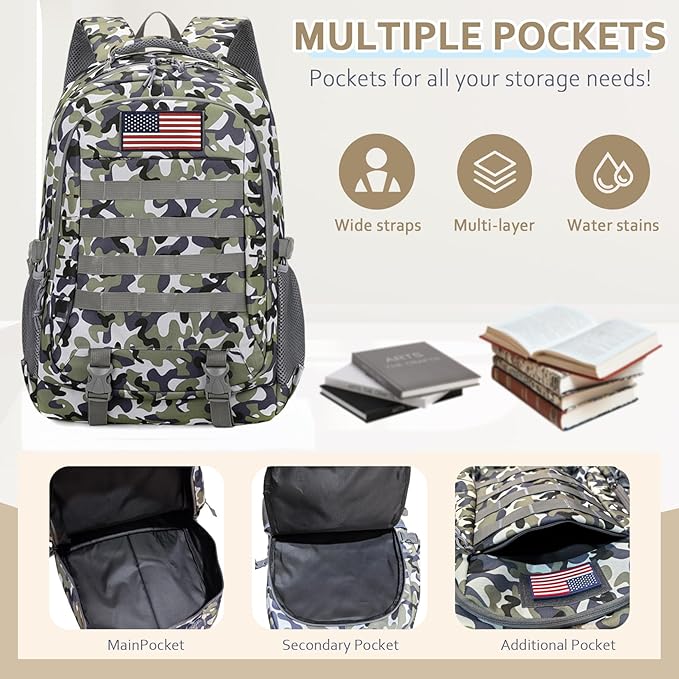 Camo Backpack for Boys 3 in 1 Set 19 Inch 55L Tactical Bookbag with Lunch Box Pencil Case Molle System School Backpack for Elementary Middle High School Outdoor Camping Hiking Travel for Kids Teens