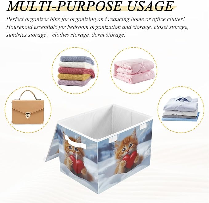 AIXIWAWA Lidded Storage Cube (Cat with Heart) Fabric Foldable Closet Bins with Flip Lid and Handles Organizer Basket Container 16.5 x 12.6 x 11.8 IN